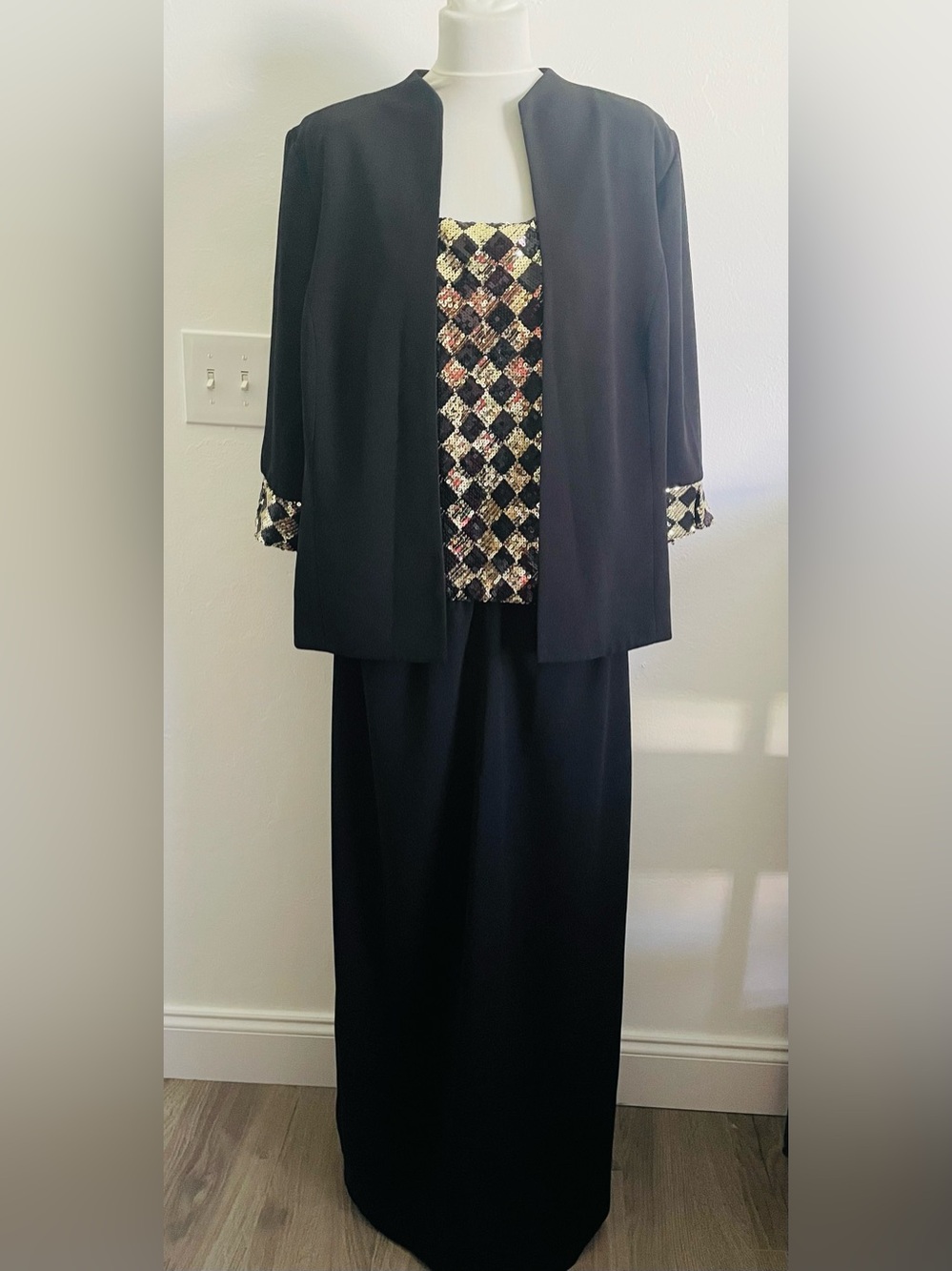 Siasia Vintage Women Skirt Suit 18W Set Of 3 Black Gold Sequins Checkered Disco